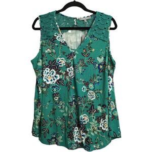 NWT Daniel Rainn Green Floral Sleeveless V Neck Crochet Lace Tunic Blouse 1X